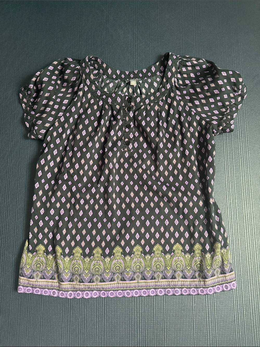 Apt. 9 Black Blouse with Lilac Diamond Print and Green Border, XL,